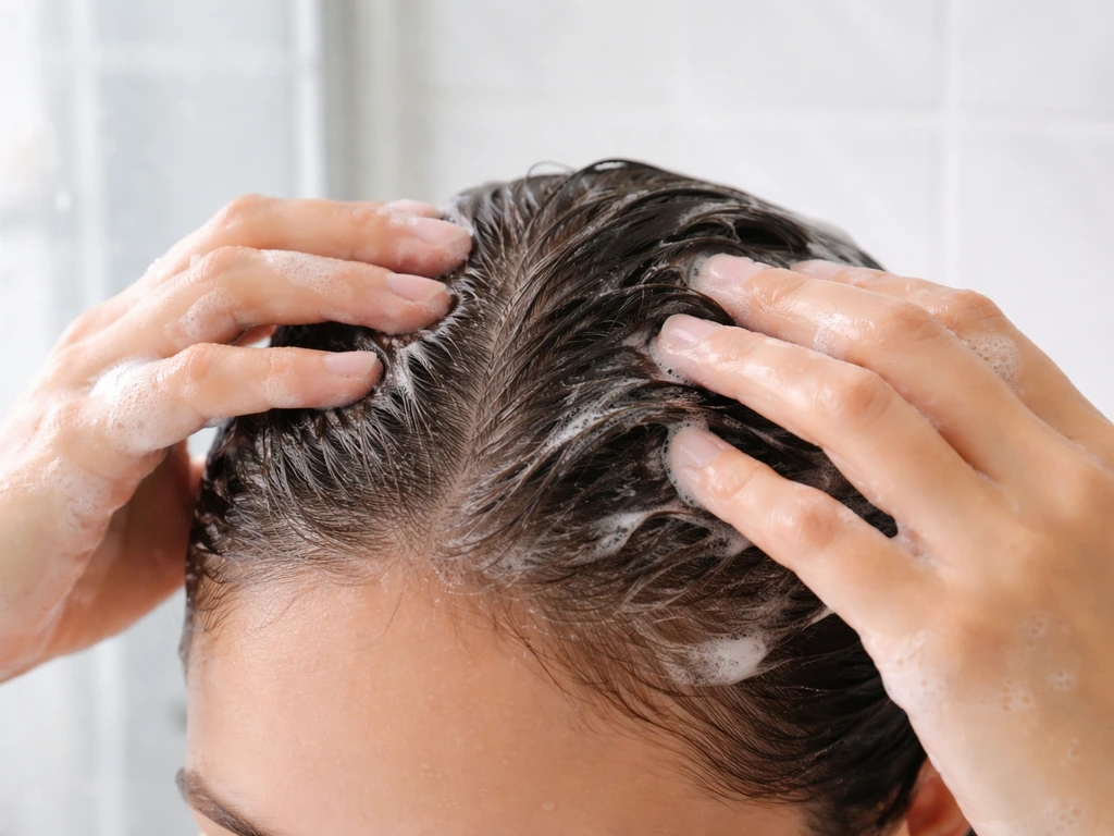 Hands gently massaging lather at the hairline during a scalp cleansing routine