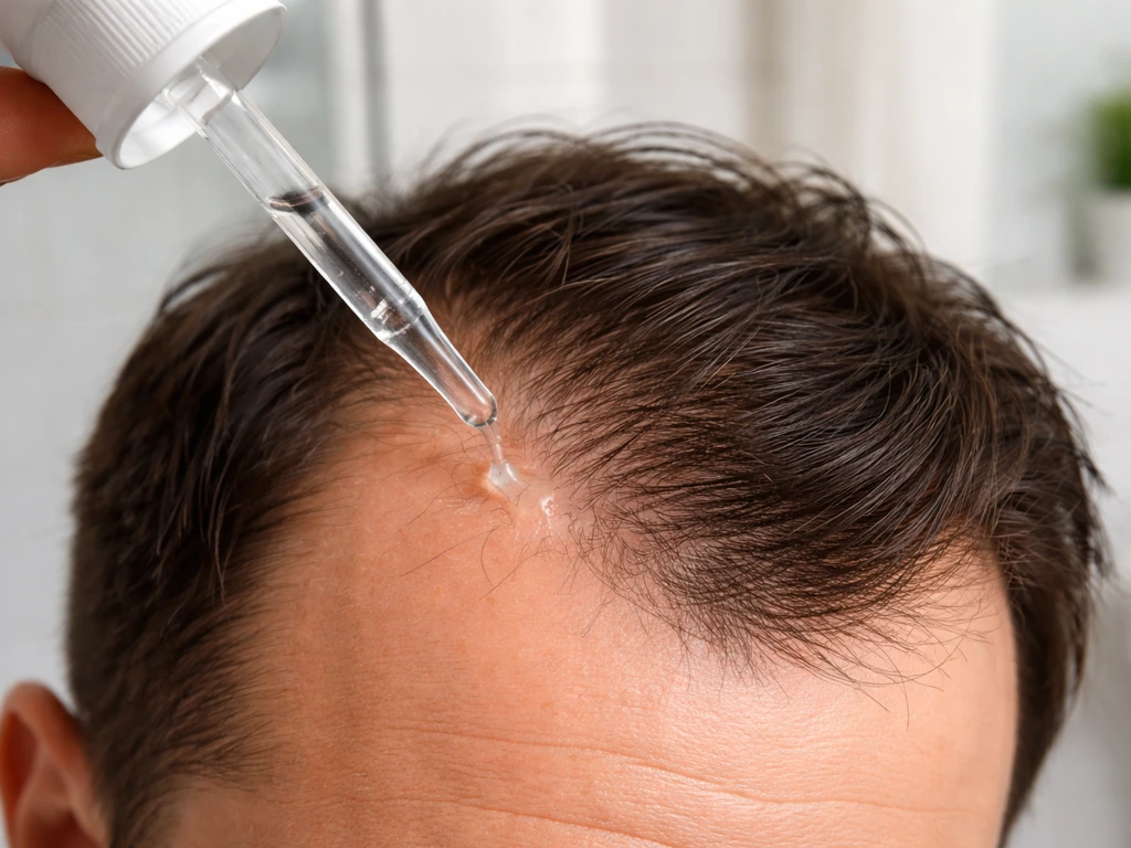 Close-up of minoxidil being precisely applied along a receding hairline with a dropper over visible scalp.