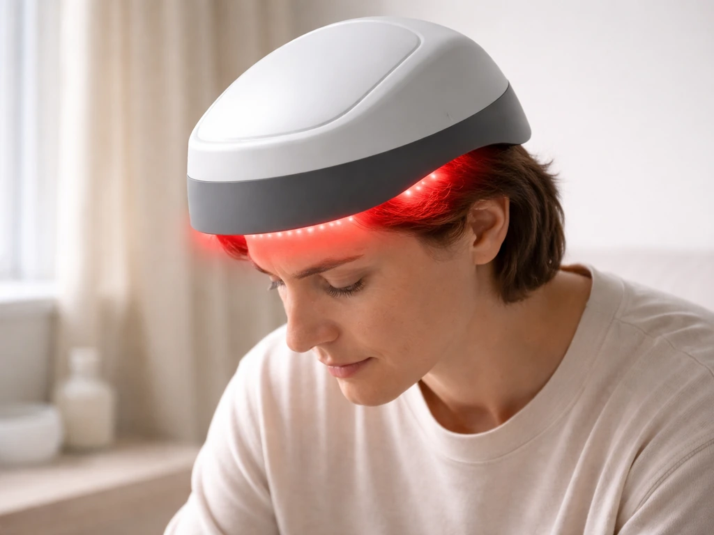 Anonymous person wearing a red-light LED/laser therapy cap over the hairline in natural light.