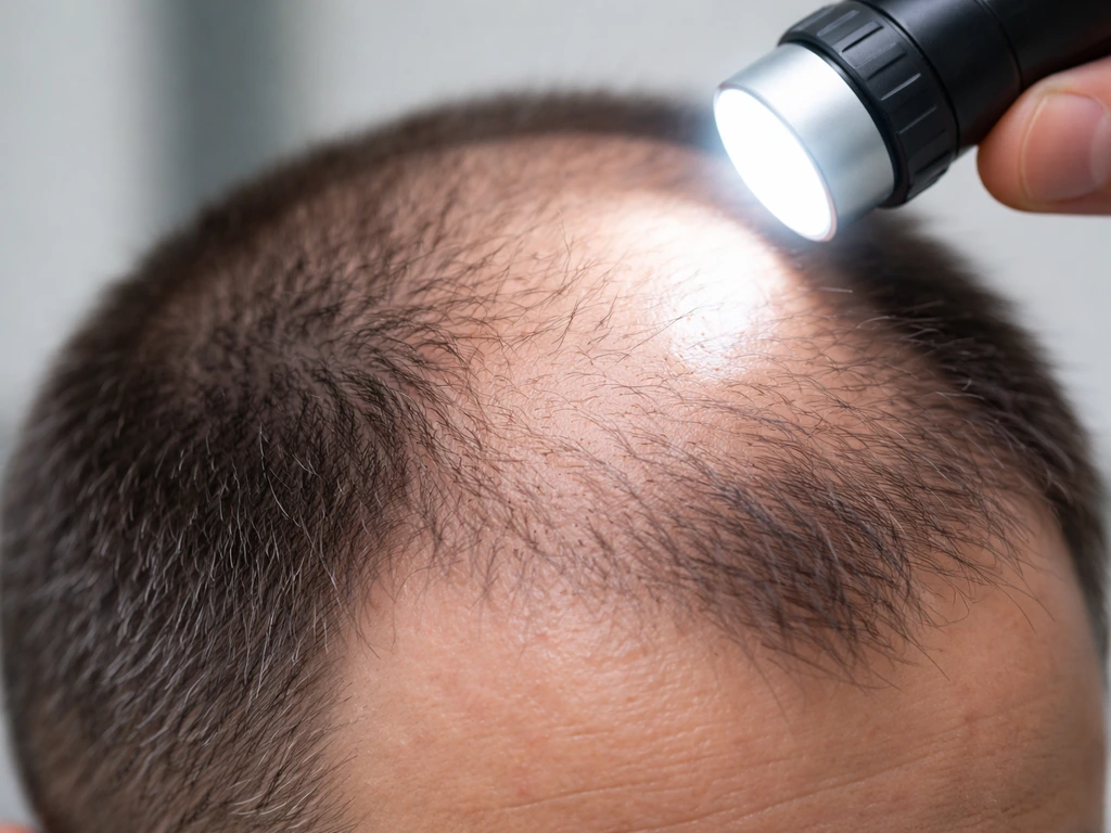 Clinician-style light shining on a close-up thinning scalp area with a receding hairline pattern.