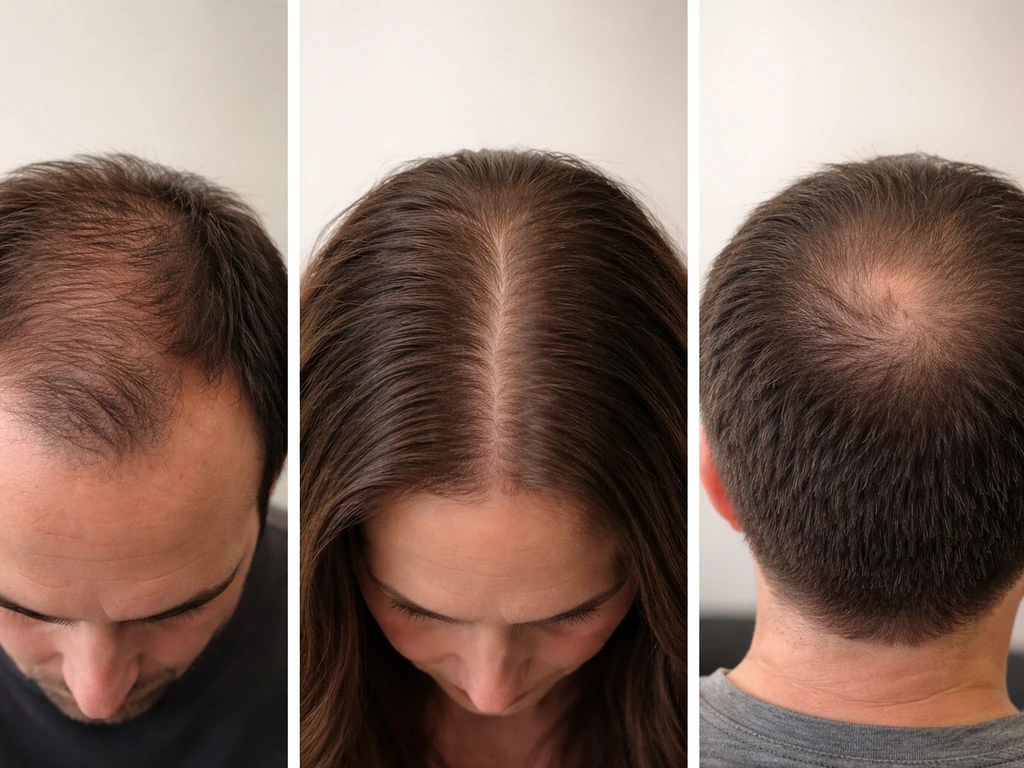 Minimal photo comparing three hair-loss scalp patterns on a clean clinic background
