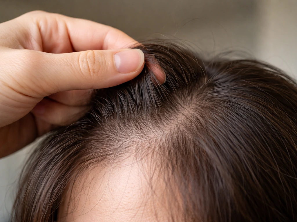 Close-up of fingers gently grasping a small section of hair at a thinning scalp edge and lightly pulling