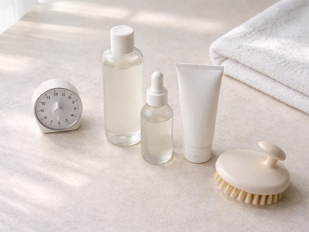 Minimal flat-lay of unbranded scalp care products and a timer on a bathroom counter.