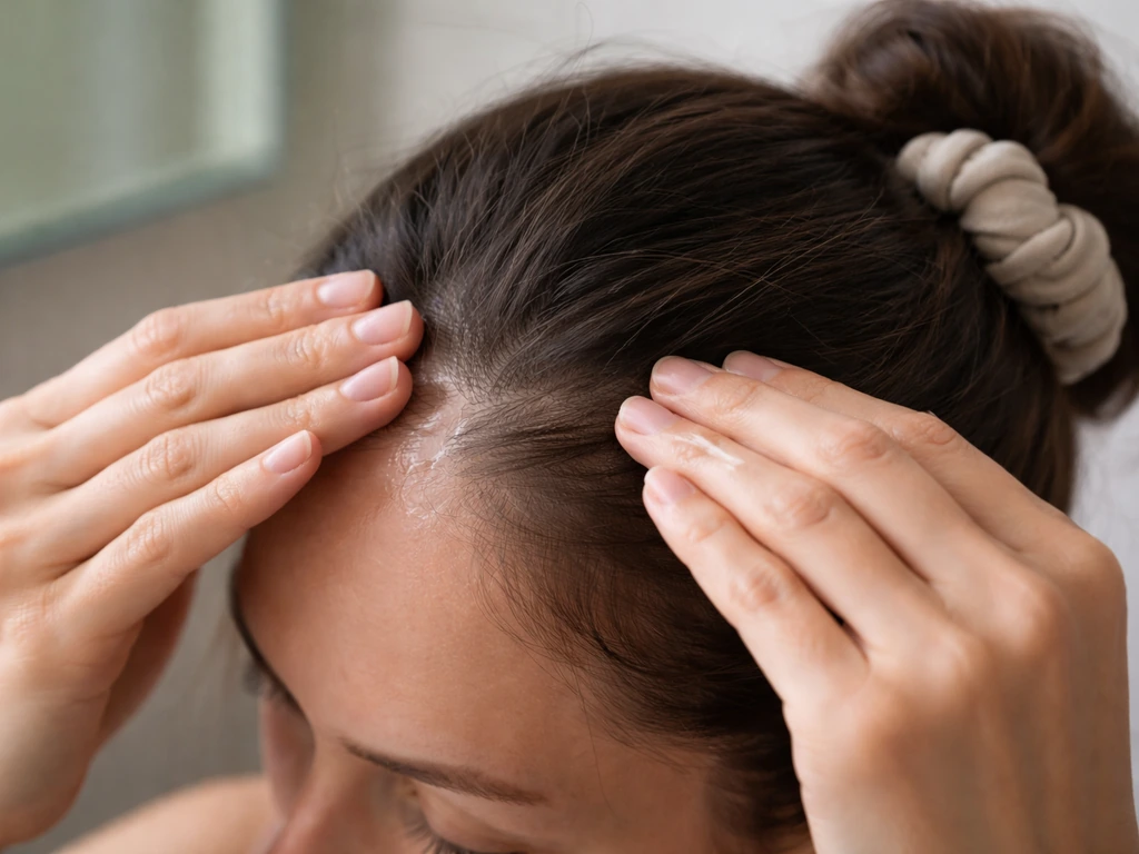 Hands gently applying hair product to the scalp while hair is pinned loosely to reduce traction