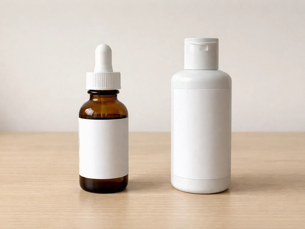 Side-by-side bottles of topical minoxidil and ketoconazole shampoo on a light wood table.