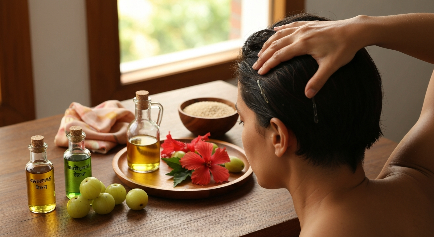 Person gently massaging oil into their scalp with Ayurvedic herbs and oil bottles (amla, bhringraj, hibiscus) on a wooden tray nearby.