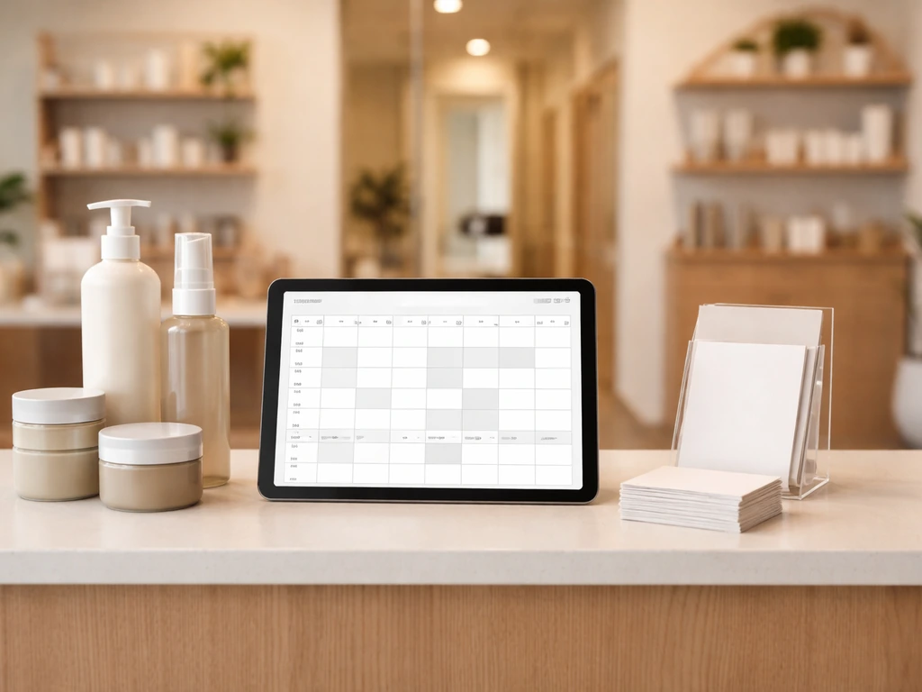 Inviting salon front counter with hair-care products and a tablet focused on booking-style scheduling