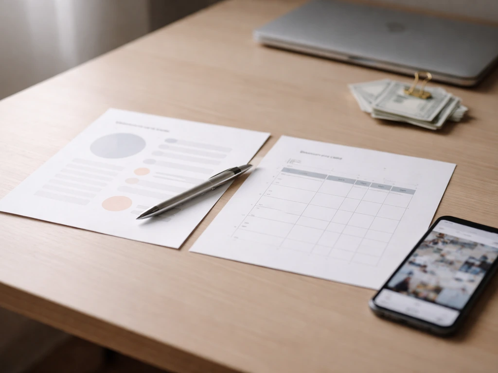 Minimal desk setup with abstract client worksheet, goal tracker, pen, and phone indicating business growth planning.