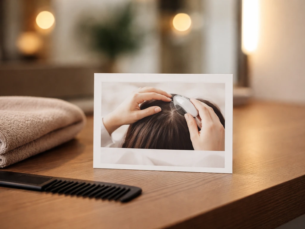 Close-up of a salon consultation offer card on a wooden table with comb and towel nearby.