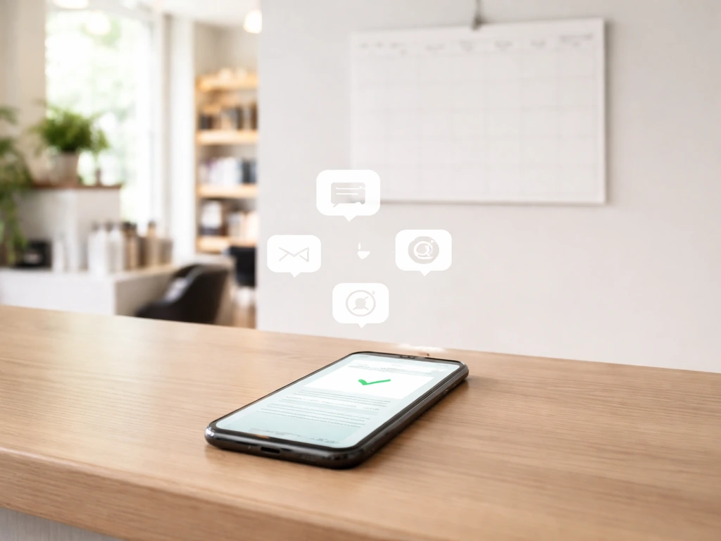 Salon desk with a smartphone showing an appointment confirmation and blurred reminder messages