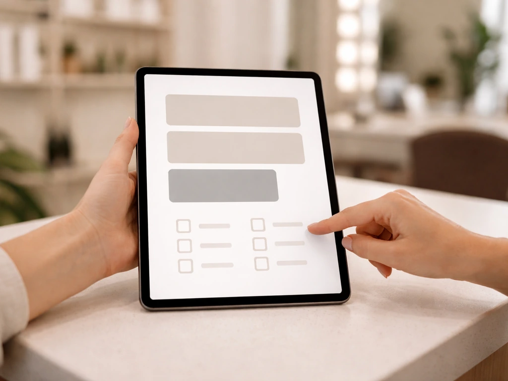 Hands holding a tablet with a salon-style upsell service menu showing tiered options and add-ons