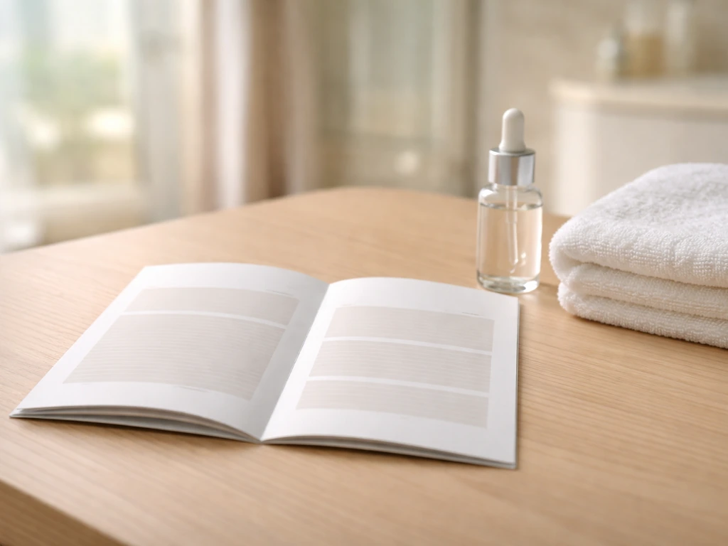 Open skincare brochure on a wooden desk with serum dropper and towel in soft natural light.
