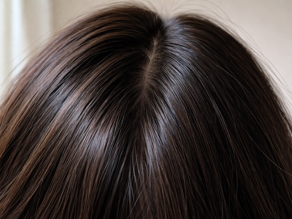 Close-up of thick, healthy, shiny hair strands with dense roots in soft natural light.