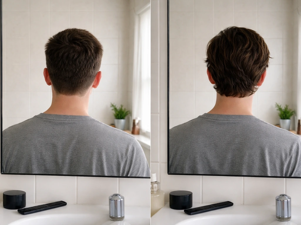 Mirror bathroom photo showing two hair grow-out stages side-by-side from the back view