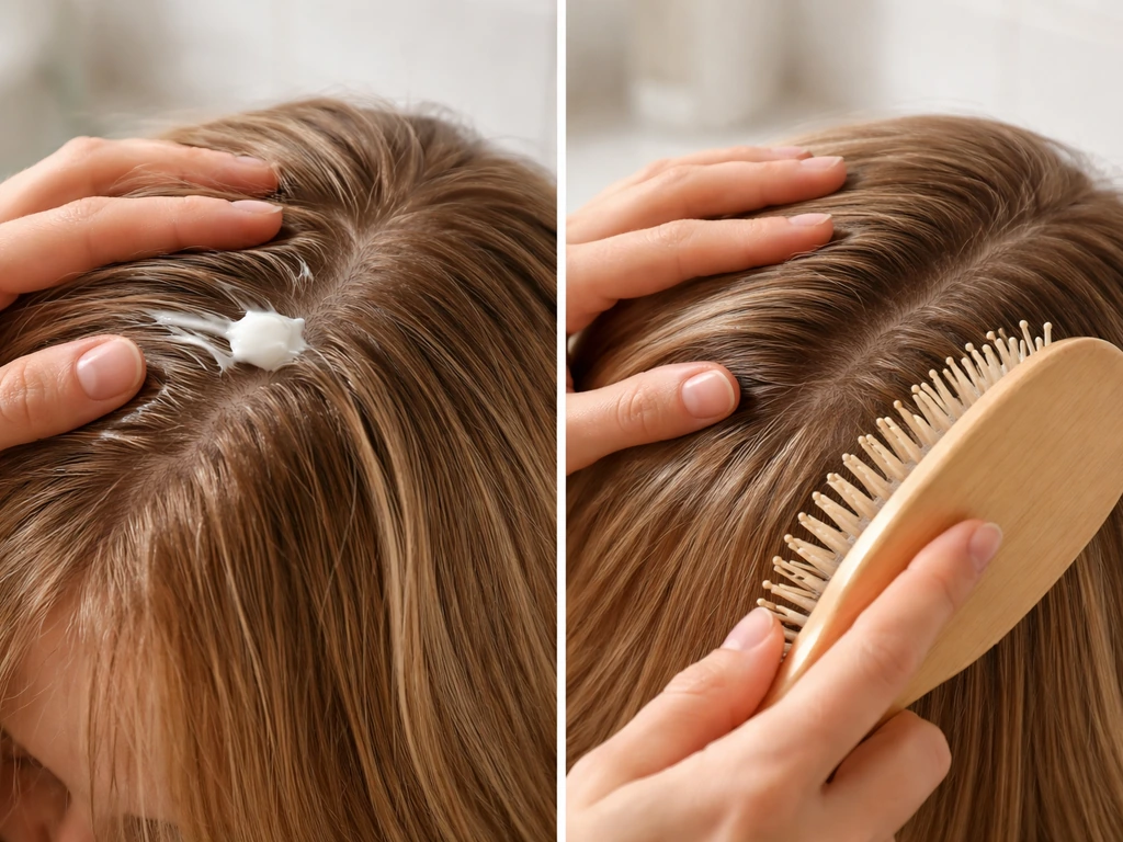 Hands apply light conditioner to fine hair while a brush lifts it for fuller-looking volume