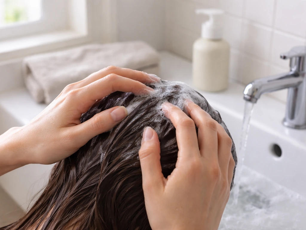 Hands massaging shampoo into hair at a bathroom sink, water rinsing scalp in a calm DIY routine