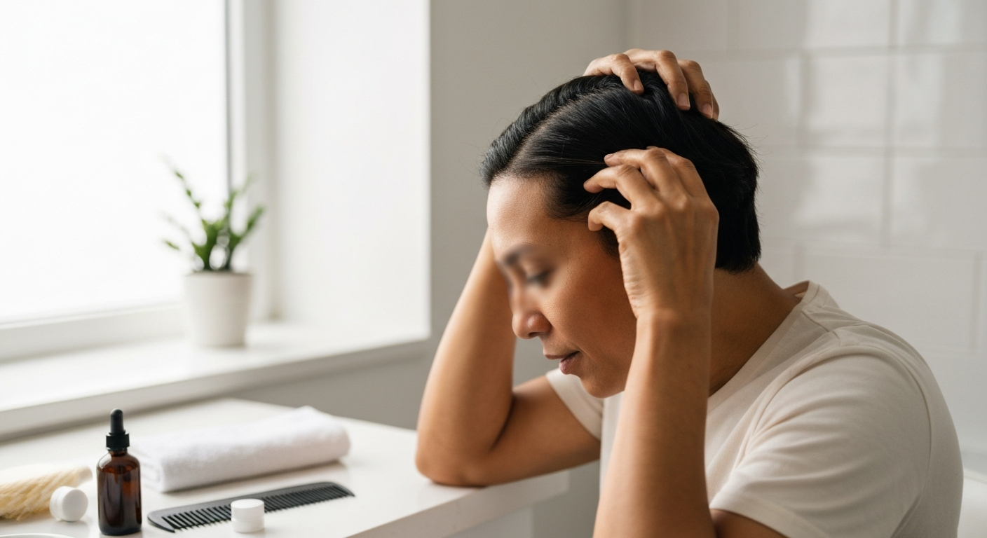Person in natural light parting hair at the temple and performing a gentle scalp massage; side of the head and temple area in focus with hair-care items on a nearby counter.