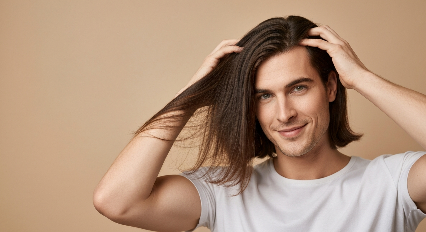 Portrait of a man (25–40) with thick shoulder-length hair running his fingers through it, showing healthy shine and density.