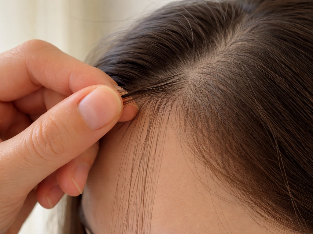 Close-up of hands gently holding hair strands near the temple for a strand pull test.