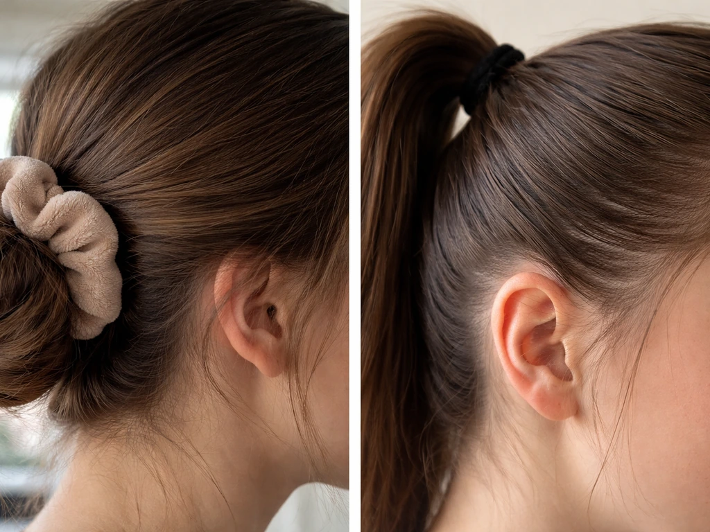 Close-up comparing a loose bun versus a tight ponytail pulling near the temples.