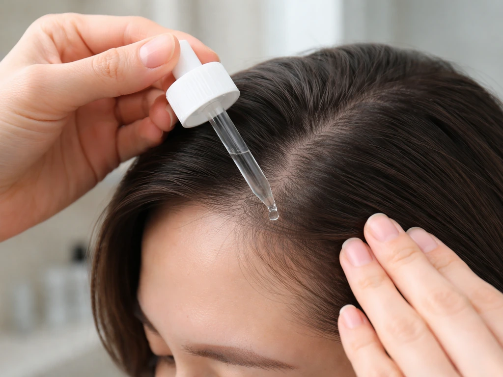 Close-up of an anonymous hand applying minoxidil to the dry scalp at the temples and sides.