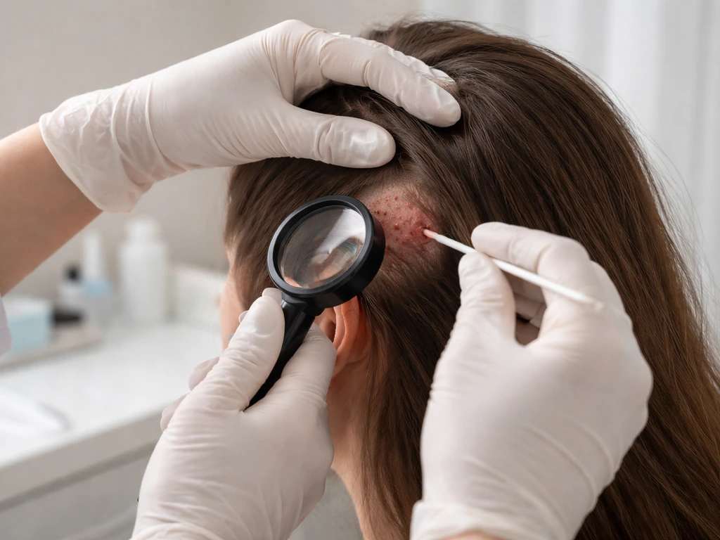 Clinician gently examining a patient’s scalp at the temples using small tools in a quiet exam room