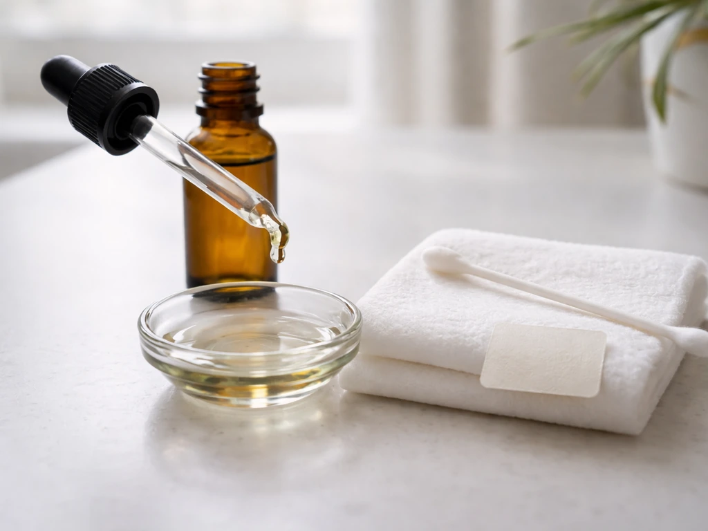 Close-up of diluted rosemary oil setup: small bottle, measured drops, cotton swab ready for patch test.