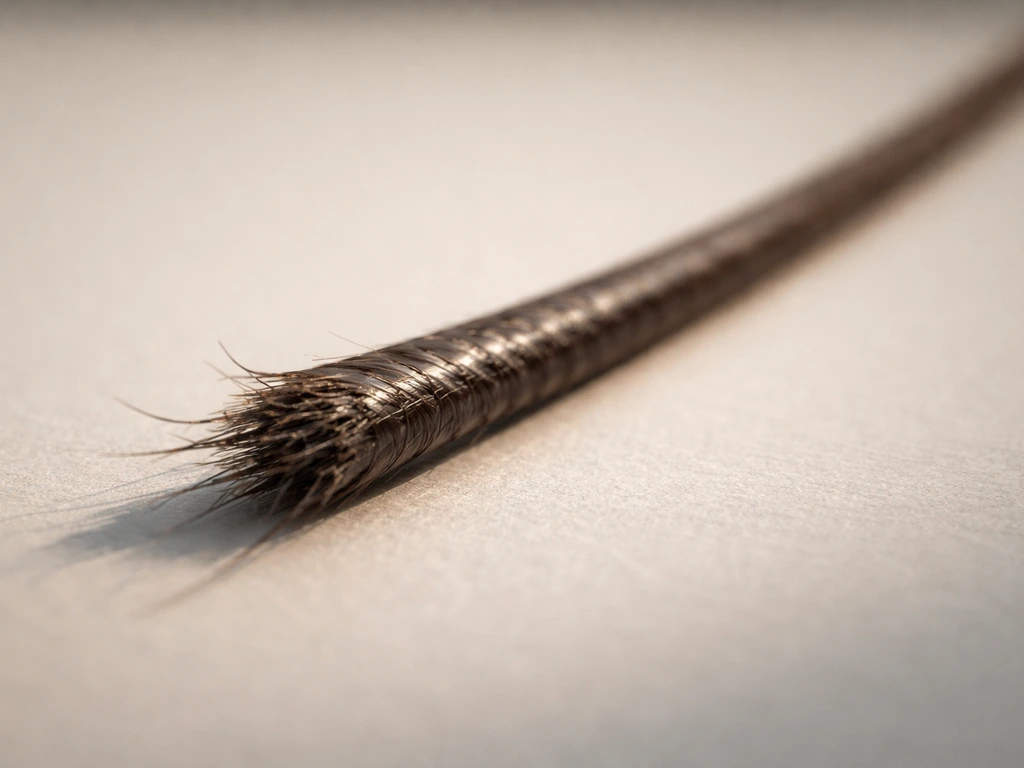Close-up photo-style macro of hair shaft cross-section showing worn cuticle and frayed ends