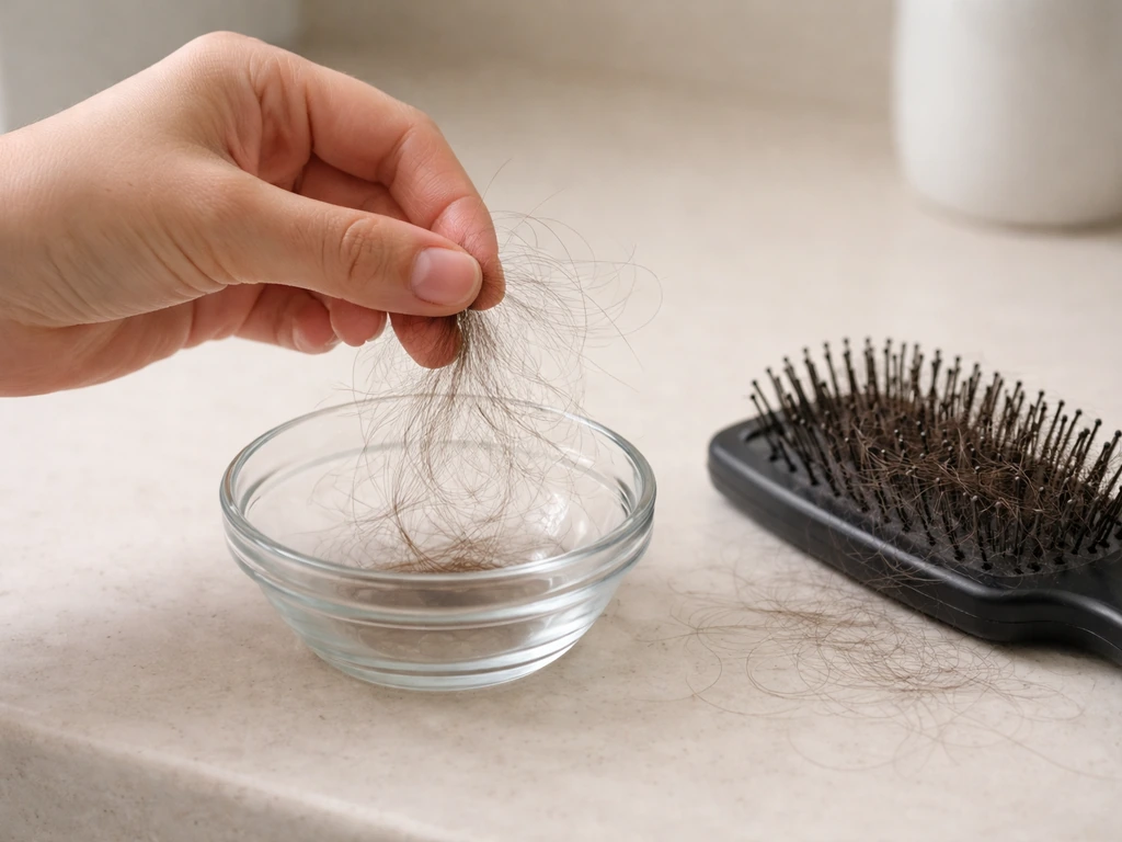 Close-up of a hand gathering shed hairs from a brush into a small clear bowl for inspection.
