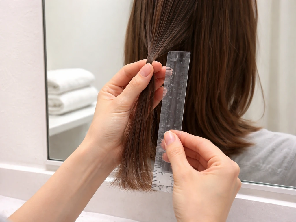 Hands measuring a small hair section with a ruler on a bathroom counter for monthly tracking.