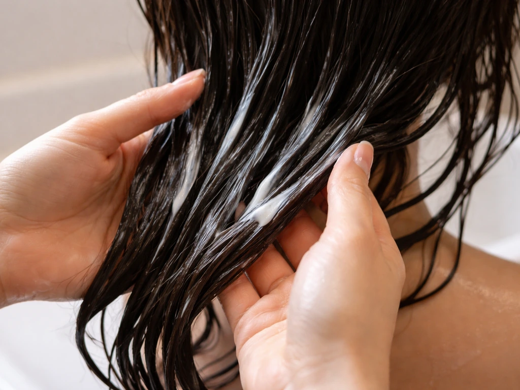 Hands applying conditioner through damp hair lengths with smooth, detangled sections and reduced friction
