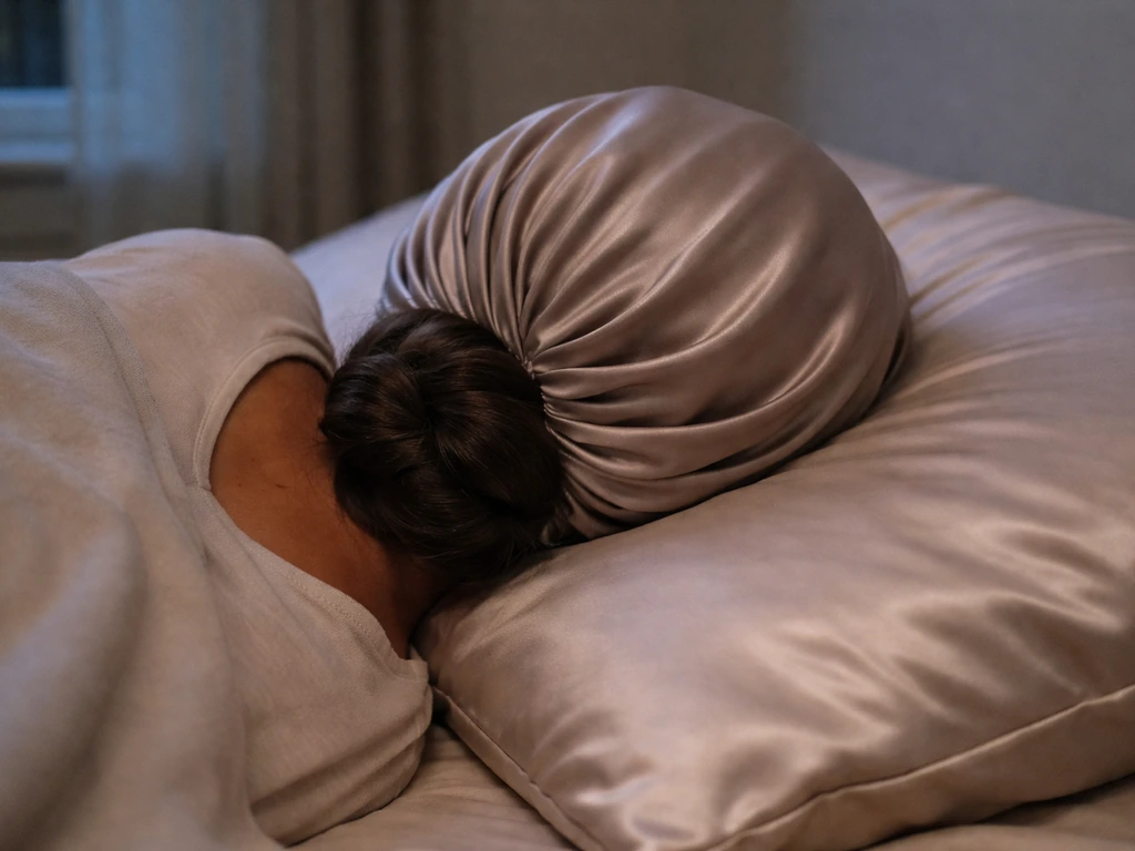 Loose braided bun at night on a bed with a silk-satin bonnet used to reduce hair friction