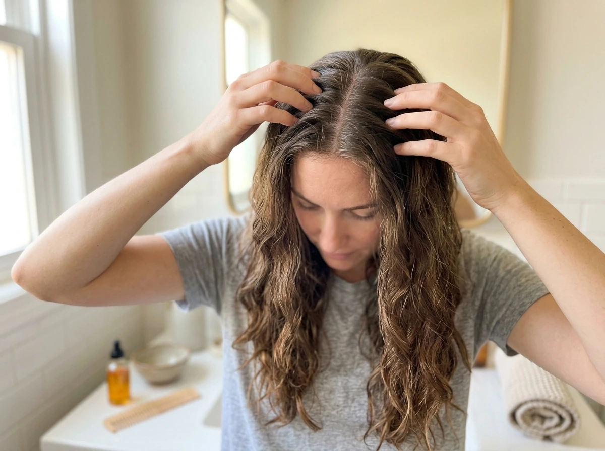 Person running hands through longer hair as scalp-care and growth theme, step-by-step plan