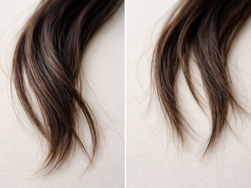 Two side-by-side hair-strand panels: smoother, less split strands vs rougher, frayed strands.