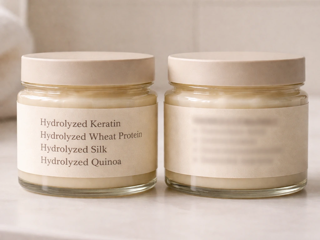 Close-up of two deep conditioner jars on a bathroom counter, one for hydrolyzed proteins and one for avoid ingredients.
