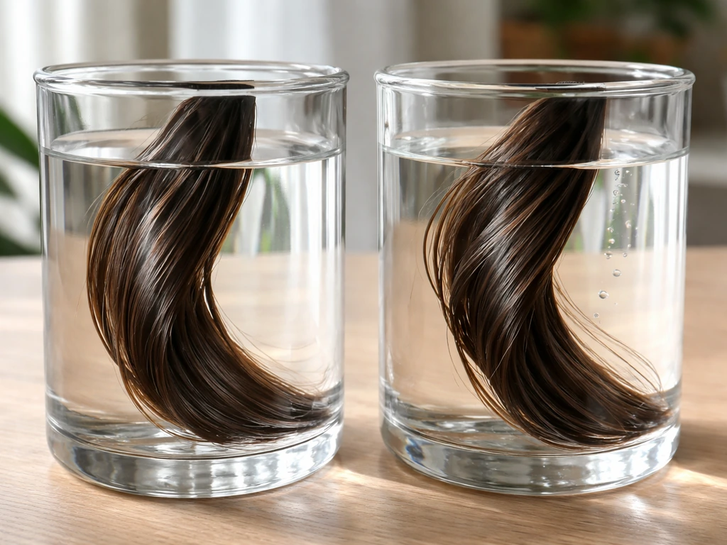 Two clear containers with hair strands showing dull silicone-like coating versus hydrated softness.