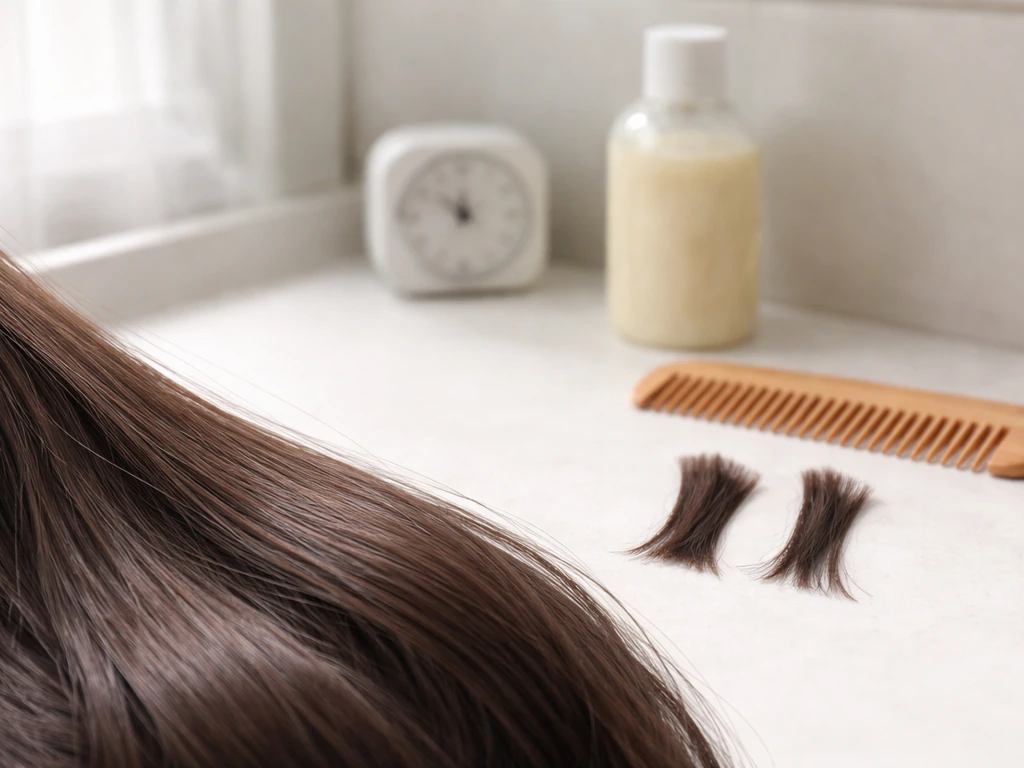 Close-up of healthy hair strands beside a small timer and simple grooming tools on a bathroom counter