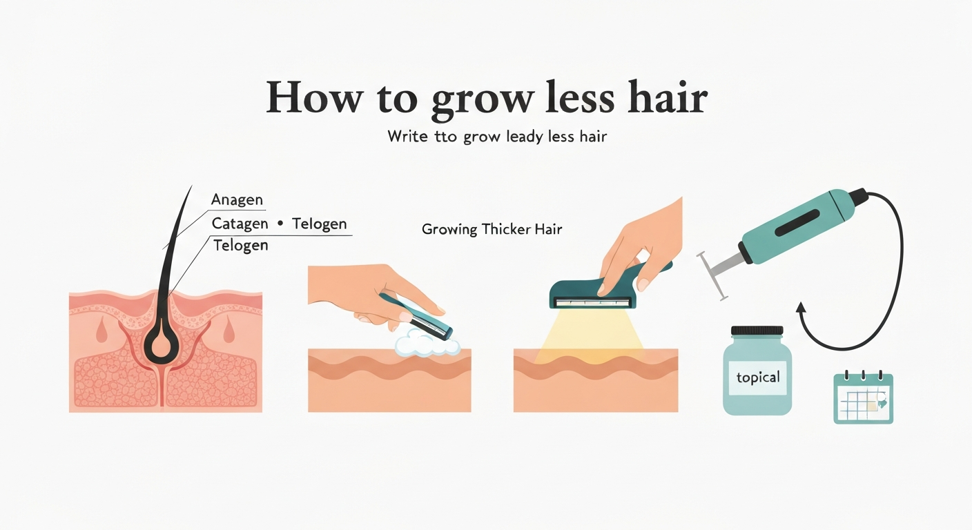 Vector editorial montage showing a skin cross-section with hair growth phases, shaving and laser icons, an electrolysis probe, and a jar with a calendar — inclusive neutral skin tones.