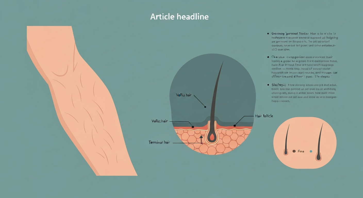 Educational illustration of a forearm showing vellus vs terminal hairs and a magnified hair follicle cross-section.