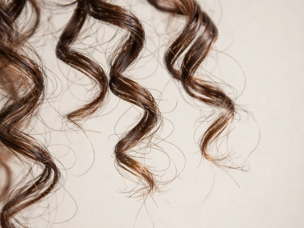 Macro close-up of curly 3B/3C strands showing breakage at bends and visible split ends.