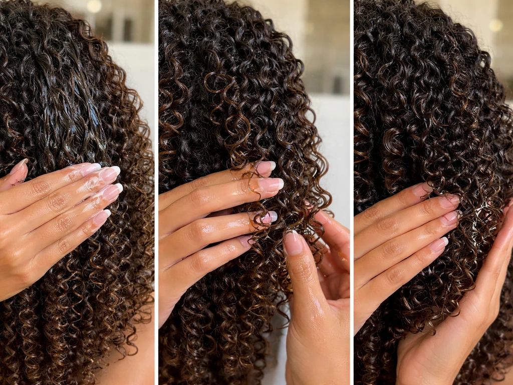 Hands apply leave-in, oil, and a lightweight sealant to tightly coiled curls, focusing on the ends.