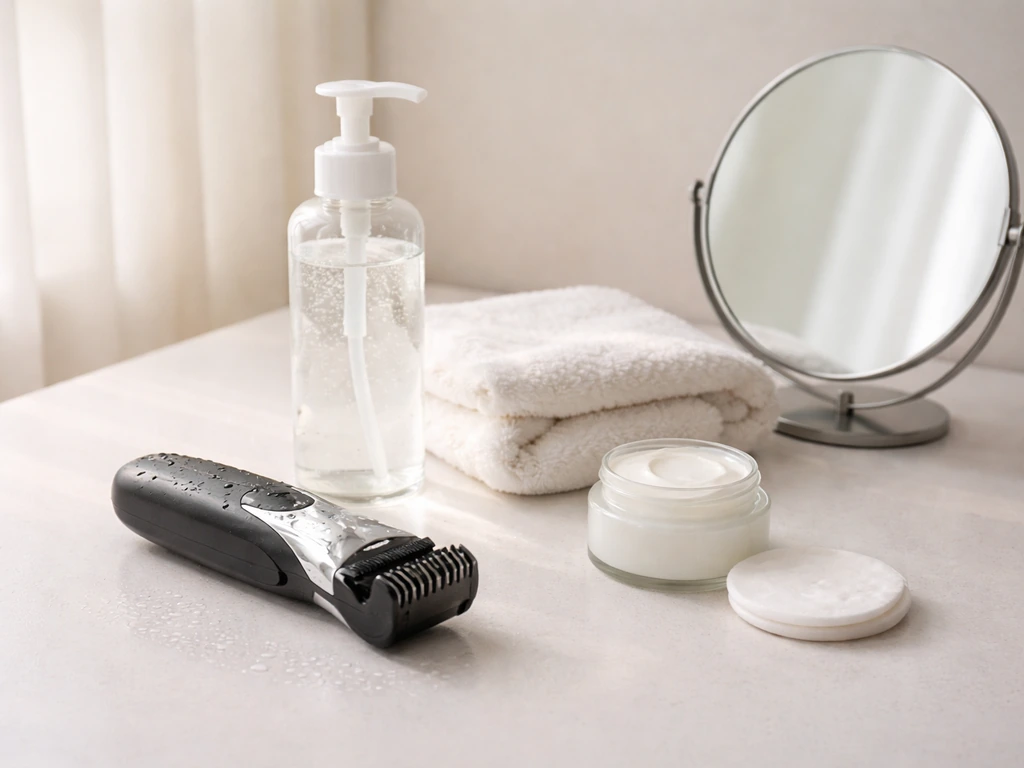 Minimal bathroom grooming setup: trimmer, cleanser, mirror, towel, and moisturizer on a clean countertop.