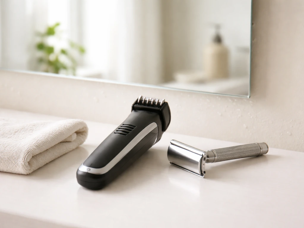 Minimal bathroom counter with electric trimmer, safety razor (covered), towel, and blurred mirror.