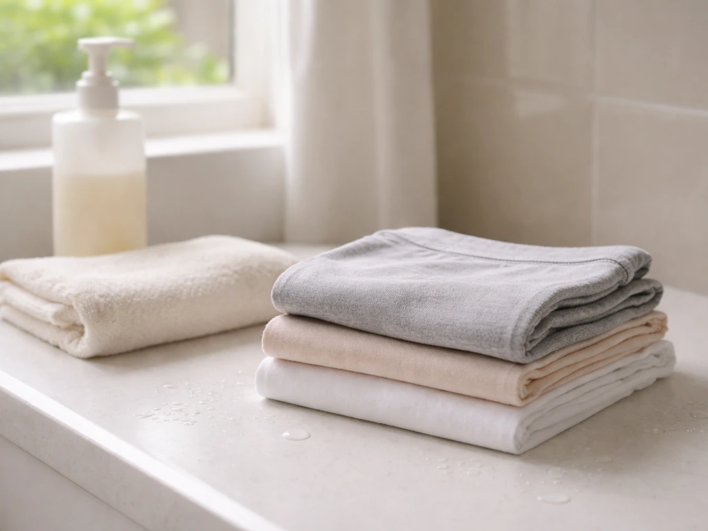 Gently folded breathable underwear on a clean bathroom counter with a soft cloth and skincare cleanser.