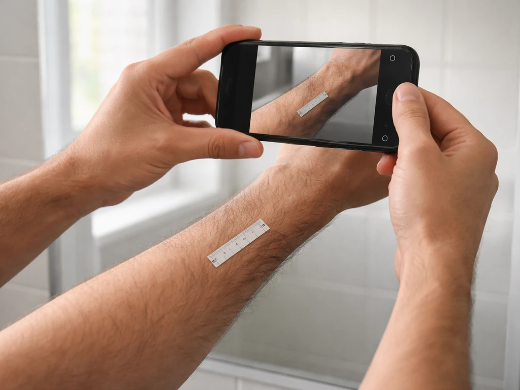 Anonymous forearm by a bathroom mirror, smartphone held for a consistent hair-growth progress photo with a ruler