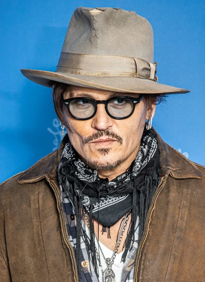 Johnny Depp portrait wearing a hat, glasses, and scarf against a blue background
