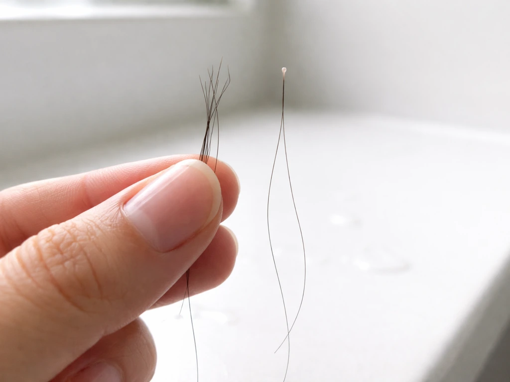 Minimal hair-care scene showing two loose strands: one frayed from breakage and one shedding strand