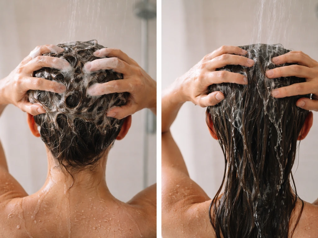 Hands massaging gentle sulfate-free shampoo into a clean scalp during a quiet rinse in the shower.