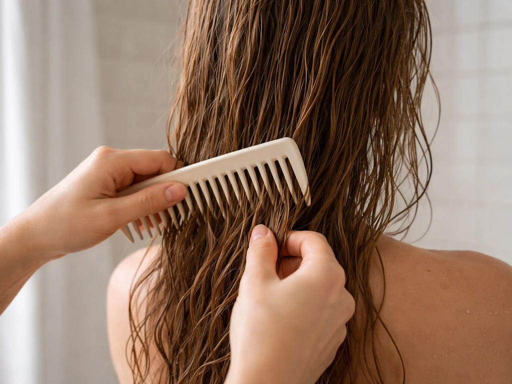 Hands combing damp hair from ends upward with a wide-tooth comb to detangle gently