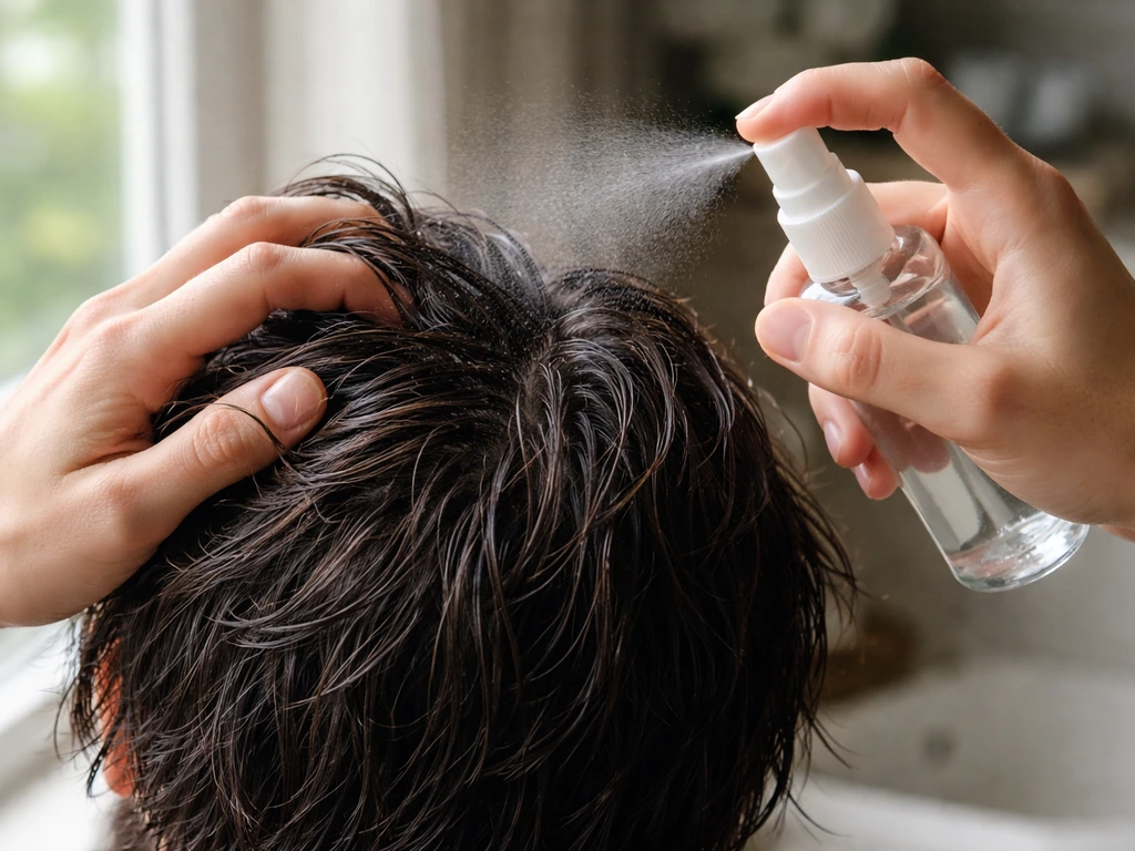 Hand applying salt spray to damp hair as it air-dries for a textured wave